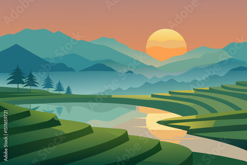 serene rice terraces at sunrise with mist rising 