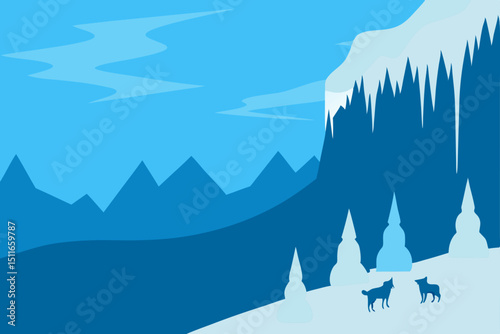 snowy mountain pass with husky sled team  frosty