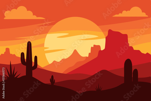 vector desert sunset with silhouettes of cacti  
