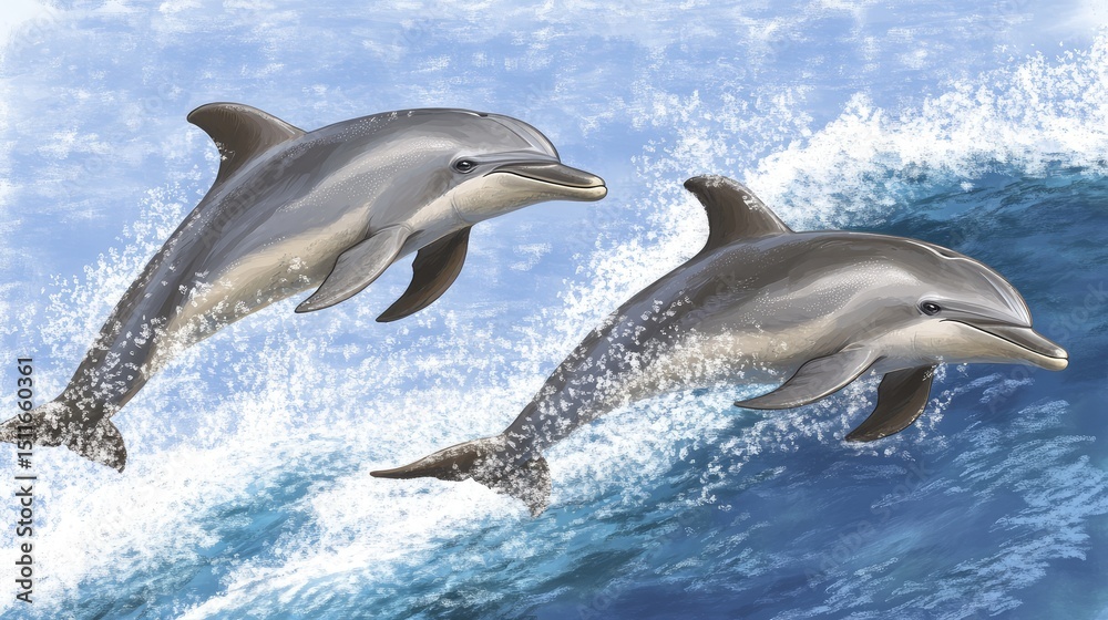 Naklejka premium A pair of dolphins gliding just beneath the surface of the ocean