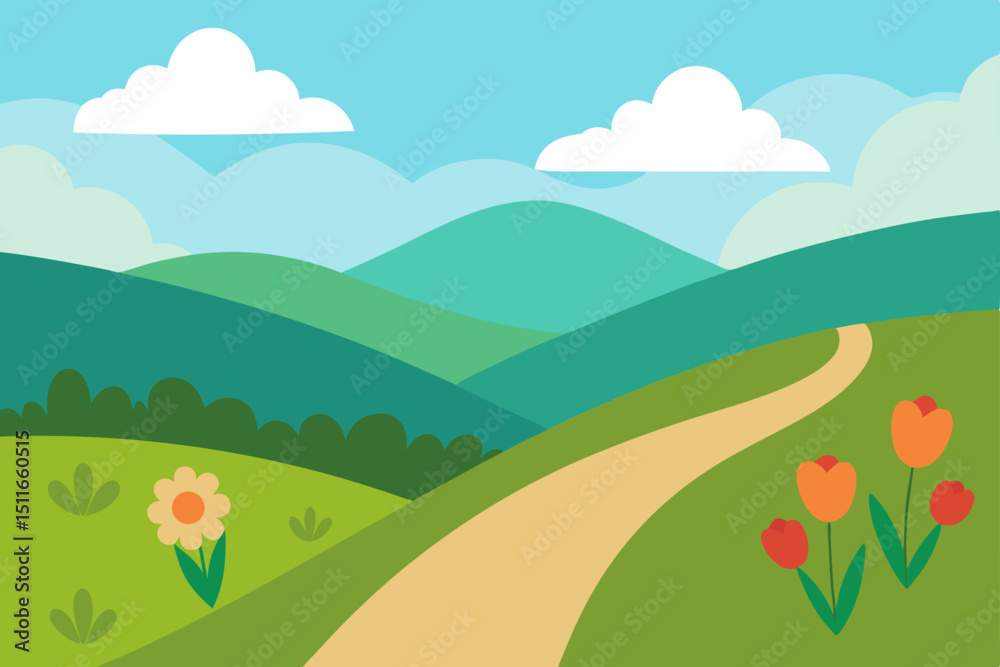 Fototapeta premium vector peaceful countryside road with blooming 