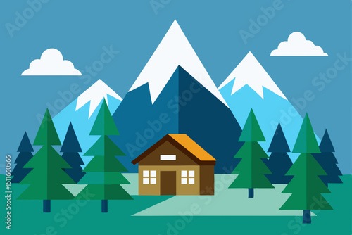 vector peaceful mountain chalet with pine trees 