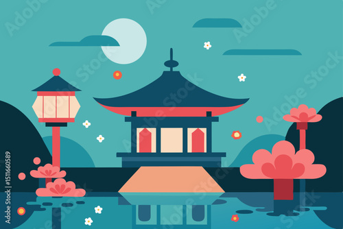 vector scene of a peaceful temple courtyard with 
