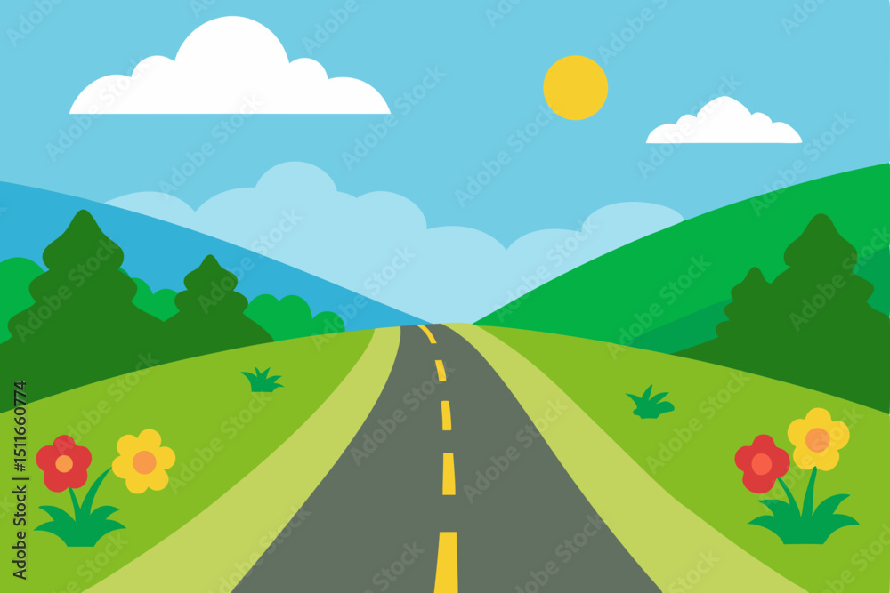 Fototapeta premium vector sunny countryside road lined with wildflowe 