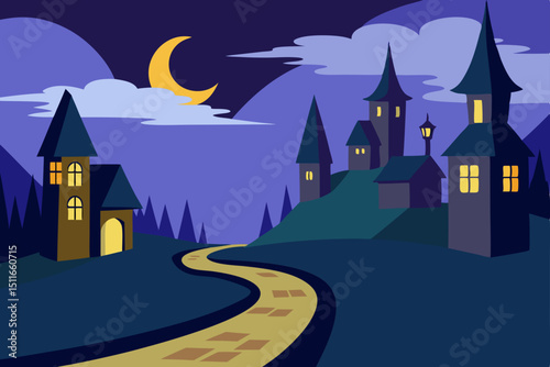 vector style fairytale village with crooked chimne 