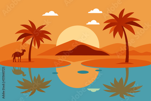 vector style desert oasis with palm trees  water 