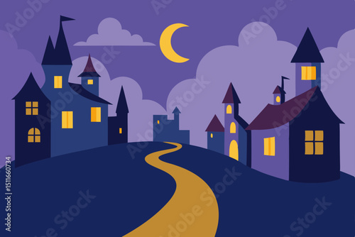 vector style fairytale village with crooked chimne.svg