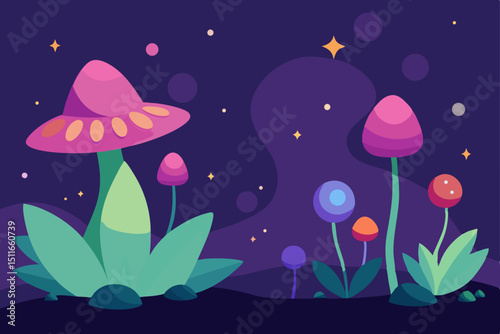vector style magical glade with oversized flowers