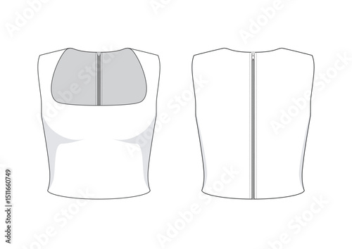 Vector fashion technical drawing of a sleeveless square neck crop top with front and back view. Metal zipper detail at the center back. Jersey fabric.