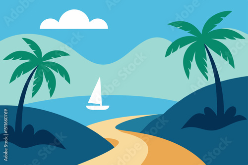 vector tropical cove with curved palm trees  tide  