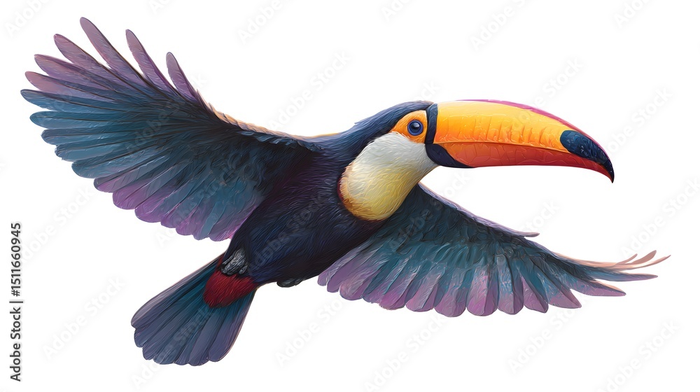Naklejka premium Toucan in mid-air, colorful beak leading the motion, flapping wings, transparent background