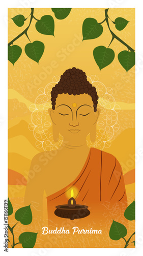 Peaceful Buddha Purnima Illustration with Meditating Buddha and Bodhi Leaves-02