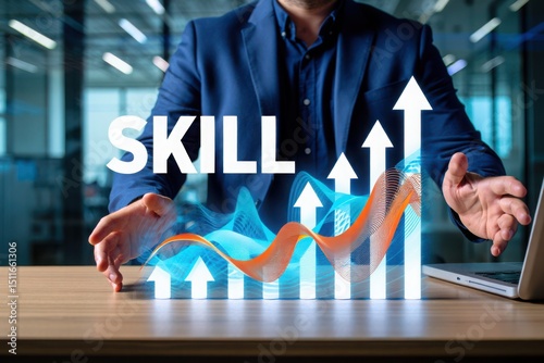 Skill development and career growth concept with arrows and business person in suit