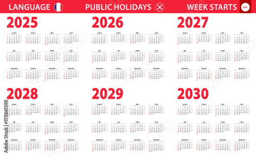 2025-2030 year calendar in French language, week starts from Sunday.