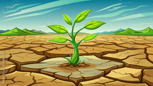 Little green plant on crack dry ground, concept drought