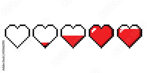Pixel art heart. love color icon valentine. red heart. Gaming controller, symbols set.