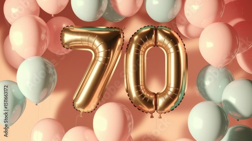 Golden Number 70th Balloons With Festive Celebration Balloons And Confetti. Happy Birthday concept.