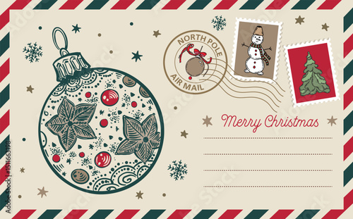Christmas postcard, card with ball, hand drawn illustration.	
