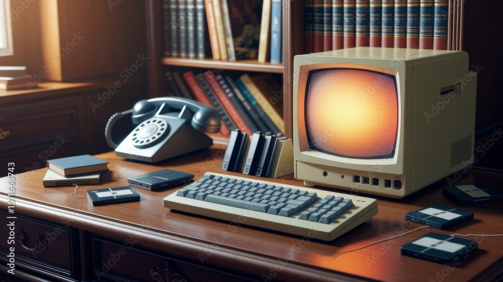 Old fashioned computer. Retrofuturism, history of technology, cyberpunk and digital culture of the 80s-90s Old fashioned computer. Retrofuturism, history of technology, cyberpunk and digital culture of the 80s-90s