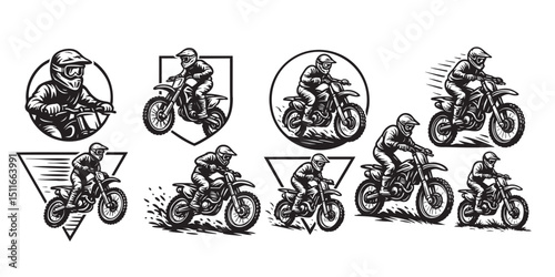 motocross rider set in vintage style hand-drawn engraving woodcut illustration
