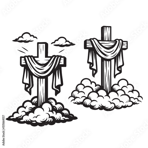 cross with a drape above the clouds in vintage style hand-drawn engraving woodcut illustration