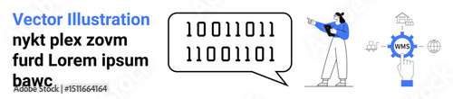 Binary code in speech bubble, person with tablet pointing at cloud computing gear. Ideal for technology, coding, communication, cloud storage, AI, innovation, simple landing page