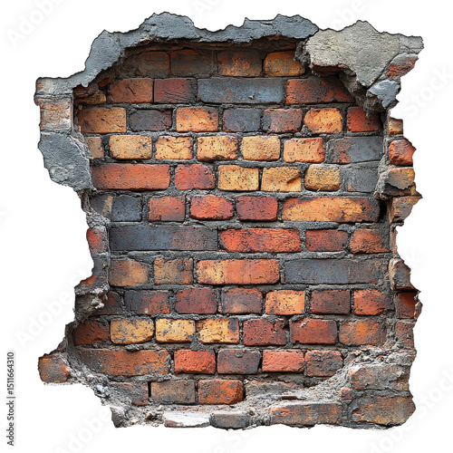 Broken brick wall isolated on transparent background. PNG photo