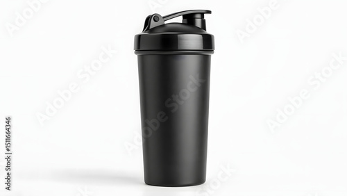 Black protein shaker cup mockup with twist cap on beige surface, minimalist fitness bottle template for workout nutrition and gym accessory design