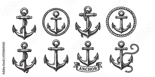 anchor rope set in vintage style hand-drawn engraving woodcut illustration
