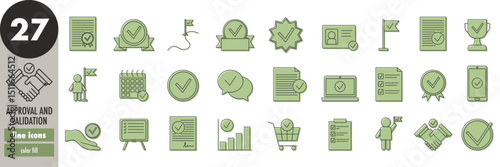 Approval, validation - thin line icons set, green fill. Confirmation, certification, agreement, checkmark, success, checklist, verification, vector illustration
