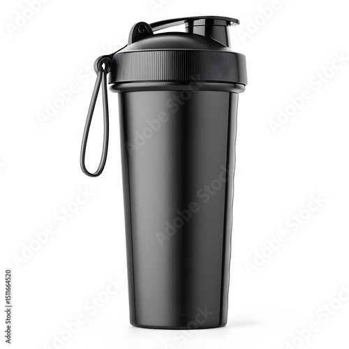 Black blender bottle mockup on neutral background with soft shadows, protein shaker cup template for fitness branding, sports drink, and supplement design