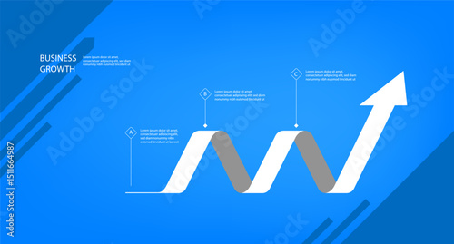 Business growth arrow with step-by-step process on blue background. Ideal for success planning, workflow, development strategy, corporate progress, and marketing infographic visuals.
