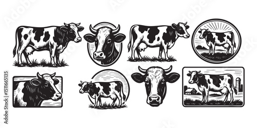 cow farm set in vintage style hand-drawn engraving woodcut illustration