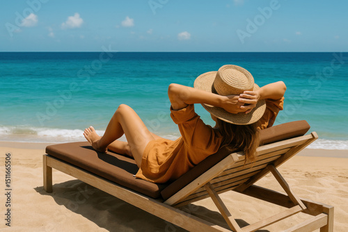 Woman in hat lounging on beach chair.