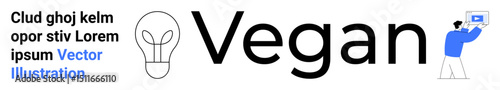 Lightbulb with plant-thumbs up filament next to bold Vegan text and a person holding a screen. Ideal for sustainability, eco-lifestyle, innovation, veganism, creativity, branding, simple landing page
