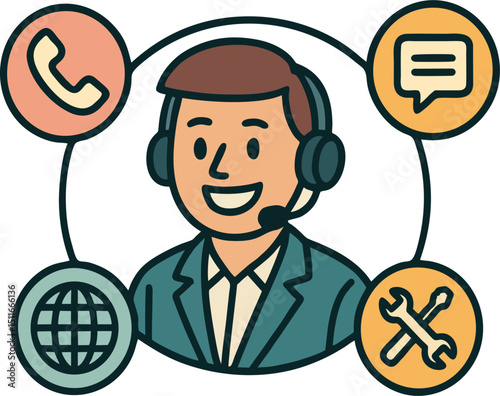 Cartoon image of a customer service representative with symbols suggesting technical support