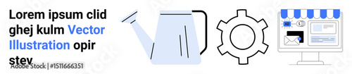 Watering can, gear, and e-commerce storefront on a monitor emphasize growth, business, and customization. Ideal for marketing, e-commerce, innovation, startups strategy online tools simple landing