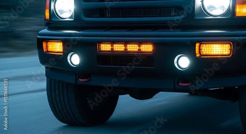 Illuminated Front of a Black Truck with Bright Lights and Detail