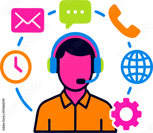 Iconstyle image tech support with headset tools around it Bright flat color palette