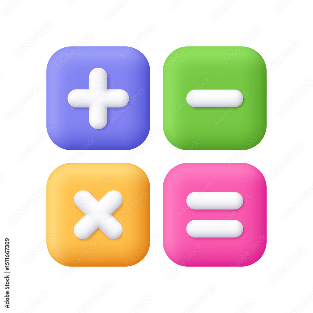 Fototapeta premium Calculator, math device. Square buttons with math sign. Addition, subtraction, multiplication. Financial analytics, arithmetic operations concept. 3d vector icon. Cartoon minimal style.