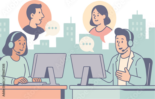 Two call center workers at desks using computers and headsets communicate with distant people depicted above