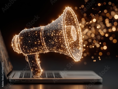 Digital megaphone with glowing network lines emerges from laptop.