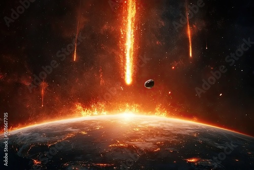 Celestial catastrophe; fiery meteorites rain down on a burning Earth