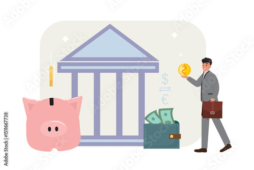 Money exchange, banking operations, payment scene with man, coins, wallet, piggy bank, bank, arrows, dollar, euro, rating, finance concept