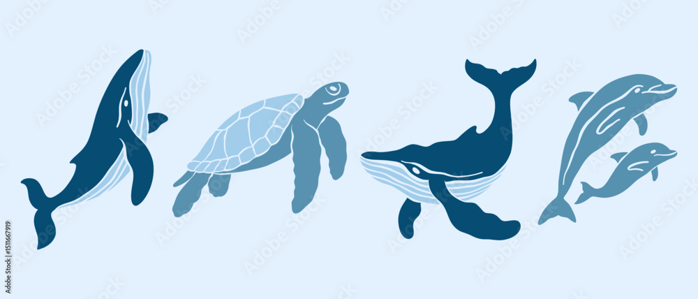 Fototapeta premium Underwater ocean animals simple minimalist illustrations set. Whales, sea turtle, dolphins vector doodles