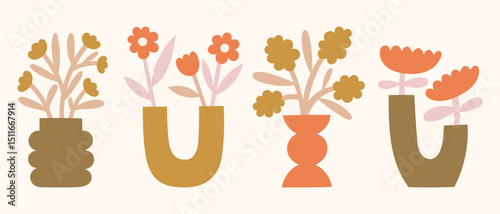 Vintage flower bouquets in boho vases vector illustrations set. Neutral colors minimalist florals and plants in pots clipart