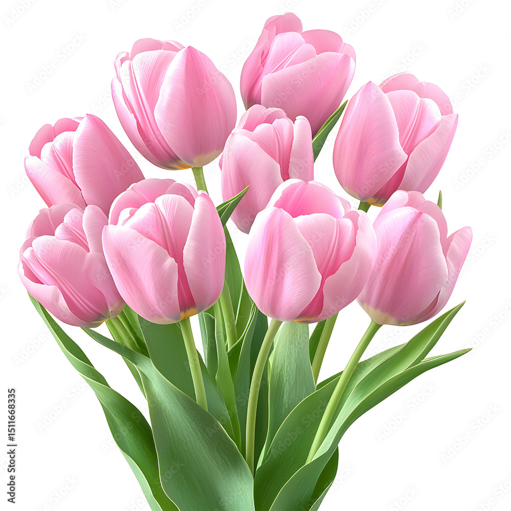 Fototapeta premium Beautiful pink tulip flowers blooming with lush green leaves isolated on a white background, perfect for sptime floral gardening and decoration themes