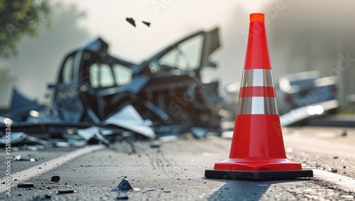 A bright traffic cone marks the site of a devastating car crash on a road.