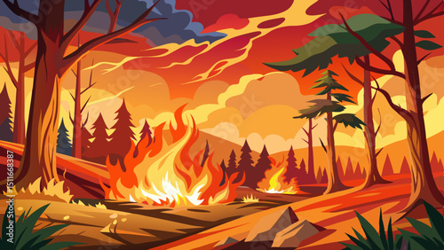 Forest Fire, Wildfire burning tree in red and orange color.