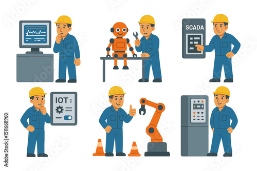 Engineer facing automation tasks and tech response SCADA delay, IOT tool test, robot prototype build, safety check, vector scene